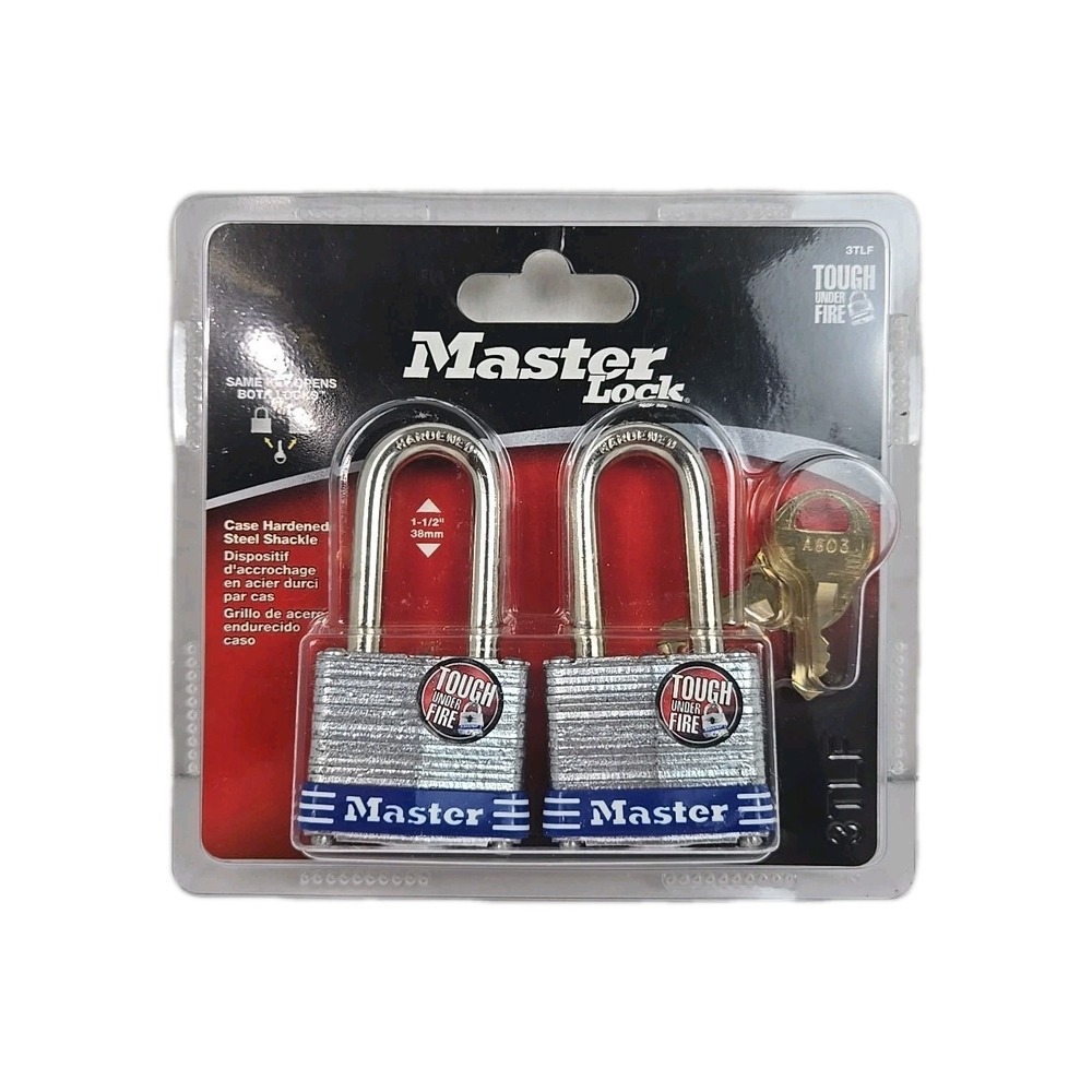 Master Lock 3TLF Laminated Steel Padlock with Key, 2 Pack Keyed-Alike 1 1/2" NIB